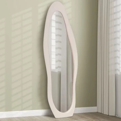 Image of HOMCOM Irregular Wavy Mirror Full Length 160x50cm, Arched Floor Standing Mirror, Leaning or Wall Mounted, Velvet Wrapped for Bedroom, Living Room, Light Pink