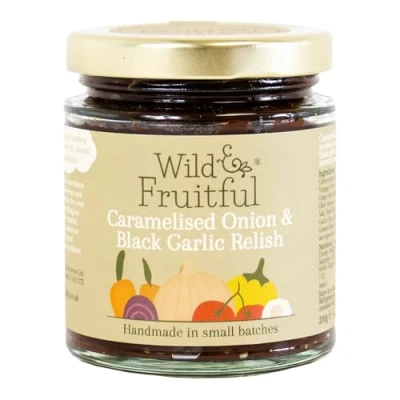 Image of Wild &amp; Fruitful Caramelised Onion Black Garlic Relish 200g Jar Sweet Savoury Condiment Hand Made in Cumbria