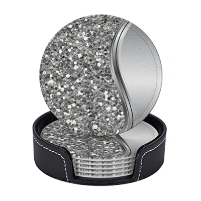 Image of Silver Faux Glitter Glam Bling,Round Coasters, Mugs Pad, Cups Mat Set of 6 Leather Drinks Coasters with Holder