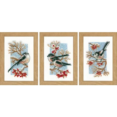 Image of Vervaco Counted Cross Stitch Kit: Long Tailed Tits &amp; Red Berries: Set of 3, Cotton, NA, 8 x 12cm