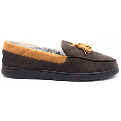 Image of sole london Mens Warm Faux Suede Sheepskin Fur Lined Winter Moccasins Indoor Tassel Slippers Brown