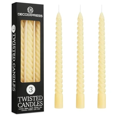 Image of Dinner Candles Pack 3 or 6 Twisted White Red Gold Coloured Spiral Non Drip Long Lasting Hours Burn Scented (Ivory, of 3)