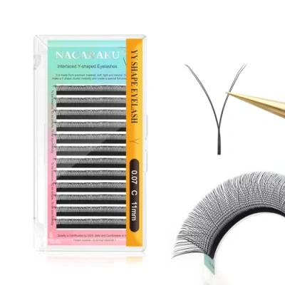 Image of NAGARAKU YY Eyelash Extensions Supplies Y Lash Premade Fans 4D Russian Volume Cross Eyelashes Handwoven Shaped Mesh Technology Wispy Crisscross Cluster Matte Black 12 Rows(0.07 C Curl 11mm）