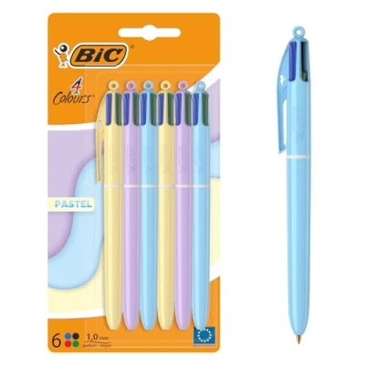 Image of BIC 4 Colours Pastel Ball Pens with Medium Points (1.00 mm) Assorted Colours, Pack of 6