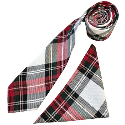 Image of Men&#039;s Dress Stewart Red, White &amp; Green Tartan Neck Tie Hanky Set