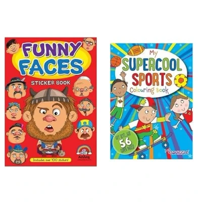 Image of Anila&#039;s Set of 2 Funny Faces Sticker Book &amp; My Supercool Sports Colouring Book. Ideal for Children Aged 3 8