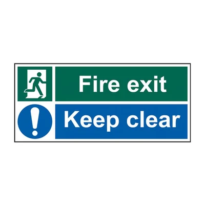 Image of Spectrum Industrial 12134 Fire Exit Keep Clear Safety Sign, Self Adhesive Vinyl, 600mm x 200mm, Multi Colour, 600 200 mm