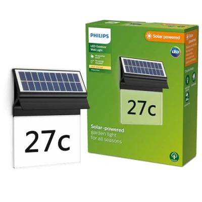 Image of Philips Lighting Shroud Outdoor Solar Wall Light, 2.3W, 2700K, Black, Frosted Glass, Motion Sensor, IP44 Weatherproof