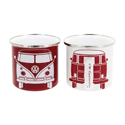 Image of BRISA VW Collection Volkswagen 2 Piece Enamel Coffee Tea Mug Cup Set for Camping &amp; Outdoor T1 Bus (White/Red)