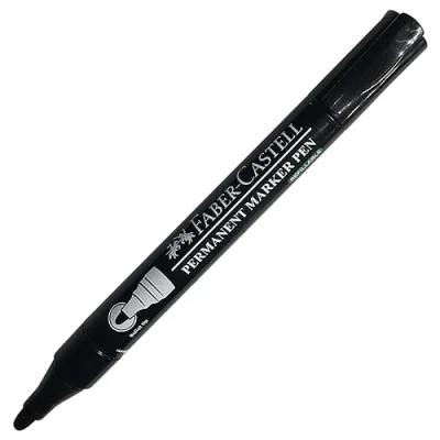 Image of Faber Castell Permanent Marker Pens, BLACK, Bold Point (2.5mm), Pack of 1, Waterproof Dense Markers, Refillable, Writes n Marks on Most Surfaces