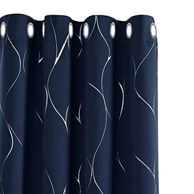 Image of Deconovo Eyelet Blackout Curtains, Thermal Insulated Silver Wave Line Foil Printed Curtains for Bedroom, 46 x 72 Inch(Width Length), Navy Blue, one pair