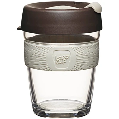 Image of KeepCup Reusable Tempered Glass Coffee Cup Travel Mug with Leakproof Lid, Non Slip Silicone Band, BPA Free Medium 12oz / 340ml Roast