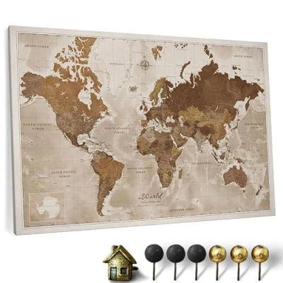 Image of Canvas World Map with Cork Pin Board English Lettering Decorative Wall Decoration for All Rooms Pictures Motif (70x50 cm, Pattern 17)