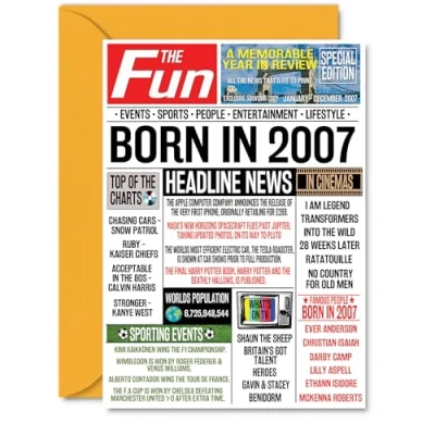 Image of 17th Birthday Cards for Girls Boys Born In 2007 Newspaper Happy 17 Card Daughter Son Cousin Vintage Retro Back 2007, A5 Seventeen Seventeenth Bday Greeting