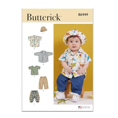 Image of BUTTERICK B6949A Babies&#039; Shirts, T Shirt, Pants and Hat A (XS S M L)