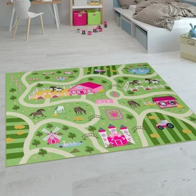 Image of Paco Home Kids Rug, Play Mat Playroom Animals Roads Cars Maps Treasure Hunt Pirates, Size:80x150 cm, Colour:Green