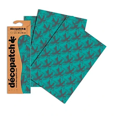 Image of Décopatch Ref C755O Green Foliage Pattern Paper Pack Each Sheet 30 x 40cm, of 3 Sheets Best Used With Décopach Glue &amp; Varnish, Blue