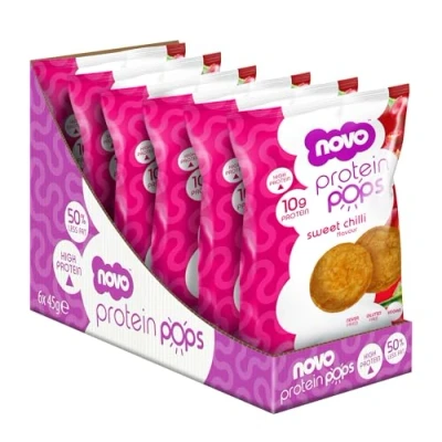 Image of Novo Nutrition Protein Pops Healthy Savoury Snack with High Protein, Low Sugar and Fibre Pack of 6 x 45g (Sweet Chilli)