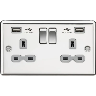 Image of KnightsBridge 13A 2G switched socket with dual USB charger A + (2.4A), Polished chrome grey insert