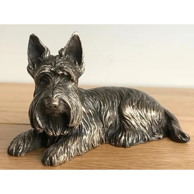 Image of Animal Crackers Laying Scottish Terrier figurine sculpted in cold cast bronze, quality dog lover gift or collectable, boxed