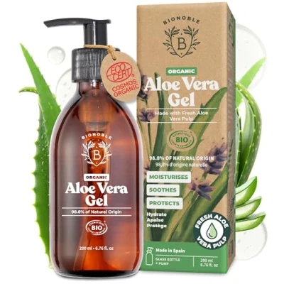 Image of Bionoble Organic Aloe Vera Gel 200ml Made with 100% Pure Fresh Pulp and Lavender Xanthan Free Face, Eye Contour, Body, Hair Glass Bottle + Pump