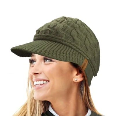 Image of TOSKATOK Ladies Peaked Cable Knit Warm R80 Teddy Fleece Lined Beanie Winter Hat Cap ArmyGreen