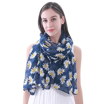 Image of Lina &amp; Lily Daisy Print Women&#039;s Scarf Shawl Wrap Oversize (Navy Blue)(Size: One Size)