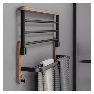 Image of Rustic Wooden Towel Rack for Bathroom Shelf Double Bar Holder with Hooks,Wall Mounted Hanger Foldable Shelf,Rustproof Lavatory Farmhouse Rack,Kitchen Hardware Accessories