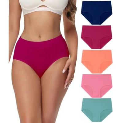 Image of wirarpa Underwear Women Mid High Waist Knickers Comfortable Ladies Cotton Pants Full Briefs 5 Pack Black Grey Navy Purple Red Size Large