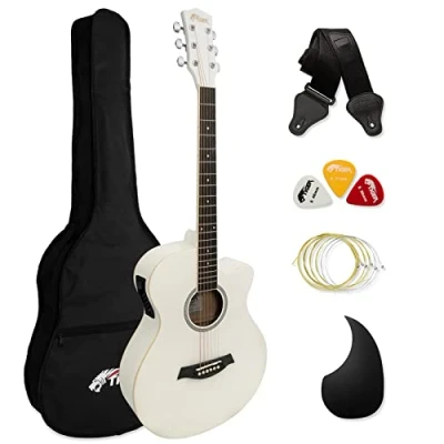 Image of TIGER ACG4 WH Full Size Electro Acoustic Guitar for Beginners with Built in 3 Band EQ Package includes Gig bag, Strap, and Spare Strings White Now Six Months FREE lessons