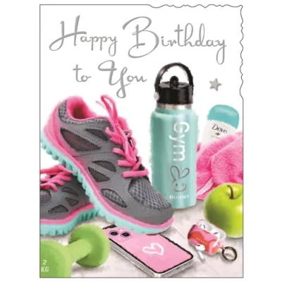 Image of Female Birthday Card for Her General Women/Girls Sporty Gym Design Special Finishes and Illustrated Insert Leaf Made in the UK