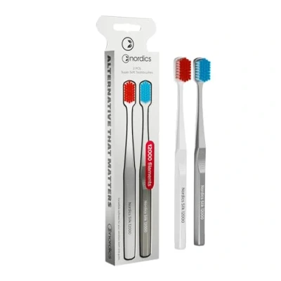 Image of Eco Toothbrush Silk Soft Pack of 2 12,000 Bristles Extremely Gentle on Teeth and Gums Vegan White + Grey Nordics