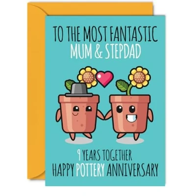 Image of Cute Pottery Anniversary Card for Mum &amp; Step Dad 9 Years Together Happy 9th Wedding Cards Mum, A5 Greeting Ninth Anniversaries