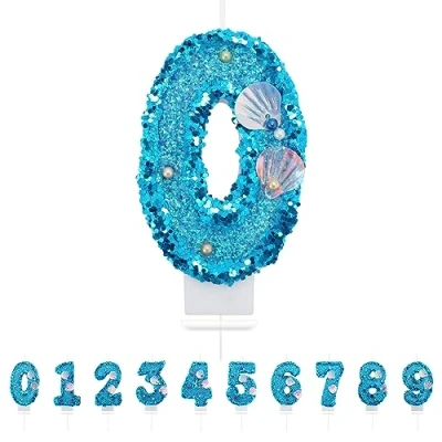 Image of Number 0 Candle,Blue Mermaid Birthday Candles for Girl,Cake Topper Decoration Girls Party