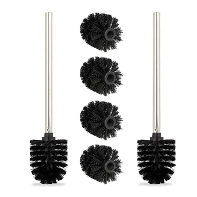 Image of Relaxdays Toilet Brushes, Set of 2, 4X Replacement Heads, Stainless Steel Handle, Bathroom, H x diam. 35 8 cm, Black