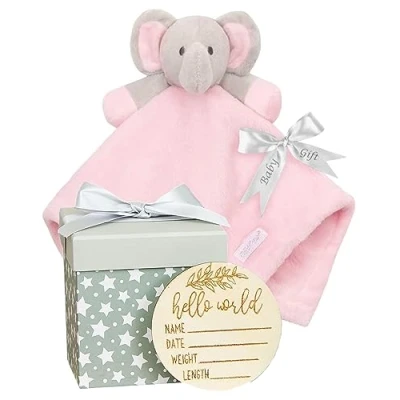 Image of Elephant Comforter Comfort Blanket Gift for Baby Girls Milestone Set Box Present New Newborn Pink Toy Security Blankets