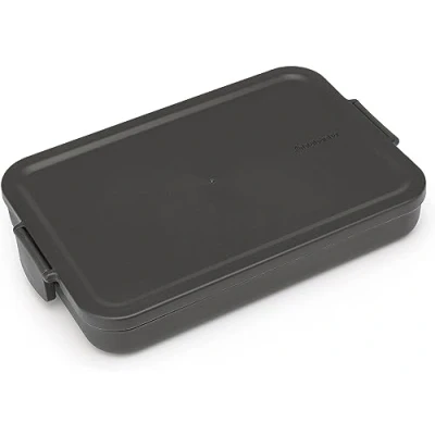 Image of Brabantia Make &amp; Take Lunch Box Flat Medium Volume (1.1L) BPA Free Lid with Clips Suitable for Freezer Dishwasher Microwave Safe Dark Grey 25.5 x 16.6 3.7 cm