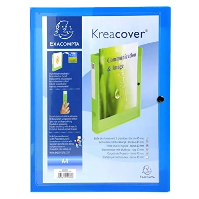 Image of Exacompta Ref 59982E Kreacover Collection PP Press Stud Filing Box 250 x 330mm in Size, Suitable for A4 Documents, 40mm Spine, Spine Label Blue