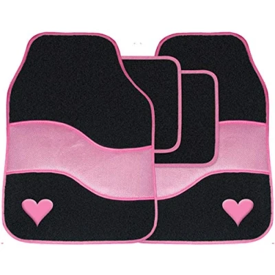Image of Pink Car Mat Set Heart Carpet Universal Fit 4 Piece Anti Slip Back