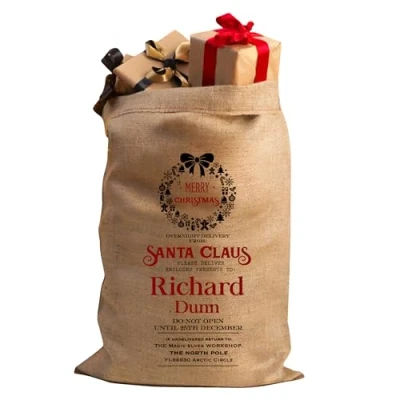 Image of Personalised Christmas Santa Sack Stocking Xmas Extra Large Hessian Traditional Bag Reusable Holiday Present (Wreath)
