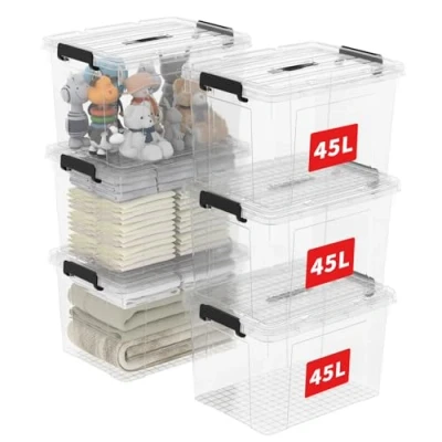 Image of Cetomo 45L*6 Storage Boxes, Carry Plastic Box with Lids, Organizing Container Handle and Secure Latching Buckles, Stackable, Nestable, Tote Bin for Home Office Clothes, 45L 6Pack, Clear