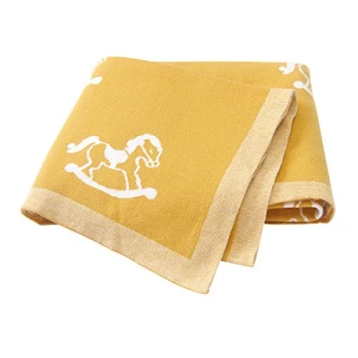 Image of Ziyunlong Baby Blanket 100% Cotton Knit Soft Cozy for Newborn with Lovely Horse 100 x 80cm Yellow