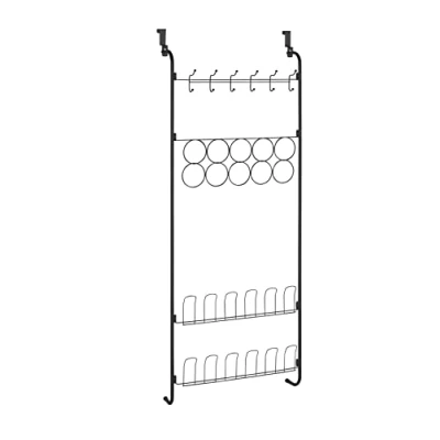 Image of WENKO door organiser in black, wall organiser, versatile shelf to hang clothes, shoes and cleaning supplies, hanging storage without drilling, 59 x 150.5 18.5 cm, powder coated metal