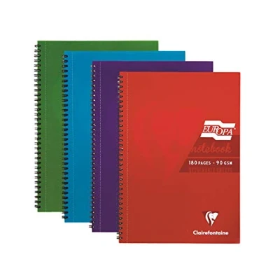 Image of Clairefontaine Europa Ref 5804Z Wirebound Notebooks, Hardwearing Bright and Glossy Covers, 180 Lined Sheets, A4 size Micro Perforated Pages, Pack of 4 Assorted Colours