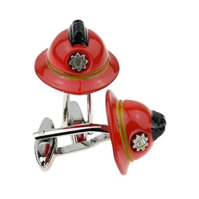 Image of Colourful Red Firemans Firefighter Helmet Cufflinks Presented in a Box