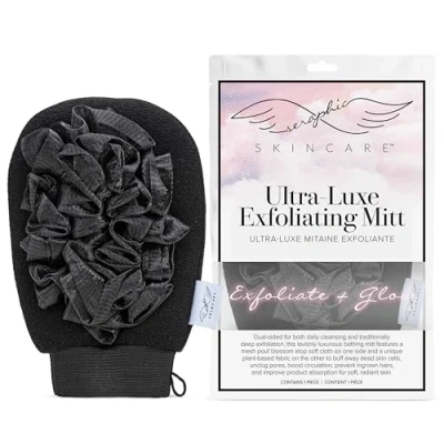 Image of Seraphic Skincare Ultra Luxe Exfoliating Glove All in One Body Scrubber Traditional Deep Korean Exfoliation Mitt &amp; Gentle Cleansing Loofah 100% Vegan Viscose Bath Sponge Fake Tan Remover