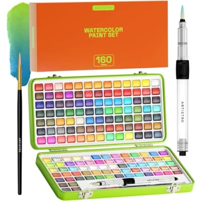 Image of ARTISTRO Watercolor Paint Set 160 Vivid Colors + Metallic and Neon Colors, Travel in Portable Box, Water Color Sets for Kids, Adult Beginners, Amateurs