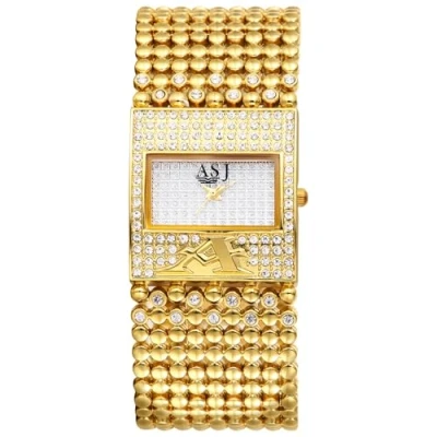 Image of JewelryWe Rectangular Iced Out Watches: Rhinestone Gold Analog Quartz Wristwatch Elegant Diamond Dress Watch
