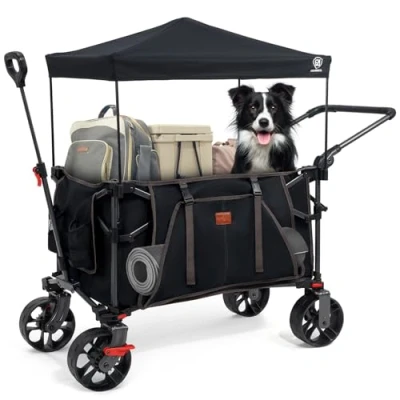 Image of EVER ADVANCED 225L Festival Trolley on Wheels with Removable Canopy, 150KG Heavy Duty Camping Trolley, Push &amp; Pull Beach Cart 3 Large Pockets, Garden Folding wagon Fishing