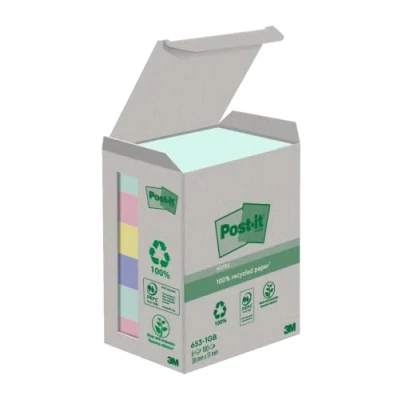 Image of Post it Recycling notes Assorted Colours, Pack of 6 Pads, 100 Sheets per Pad, 38 mm x 51 mm, Green, Pink, Yellow, Blue Self stick made from 100% recycled pape, Packaging may vary